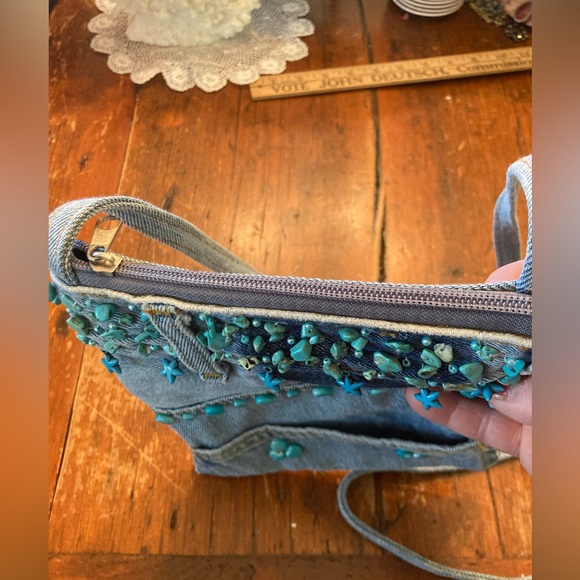 Boho Chic CROSSBODY HANDBAG Upcycled Blue Jean  Turquoise Embellishments NEW! - Picture 5 of 8